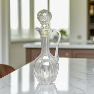 Vintage EAPG Clear Glass Cruet 7.75” Ribbed w/ Handle & Faceted Stopper